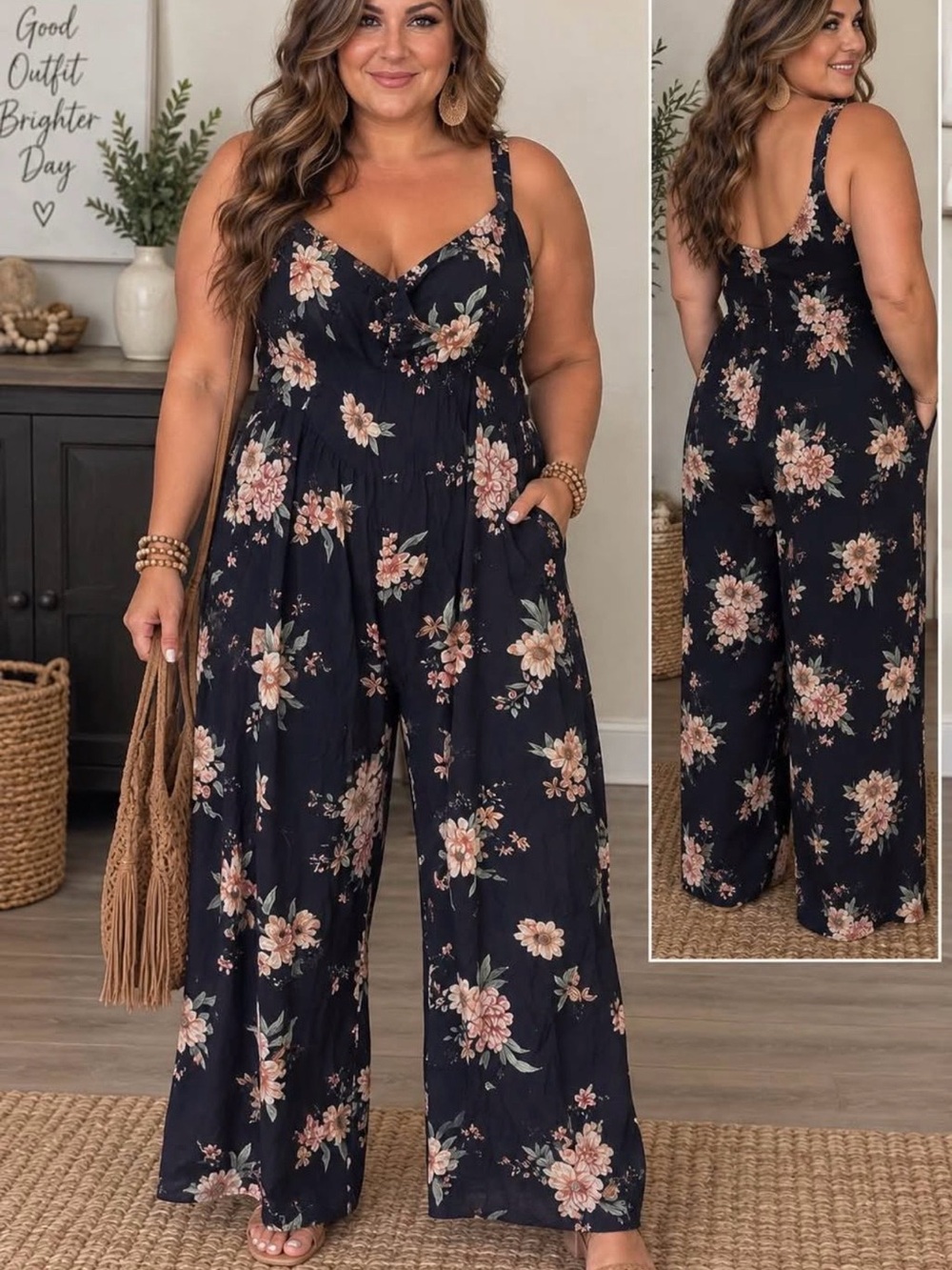 AUW Black Jumpsuit with Blush Floral Print